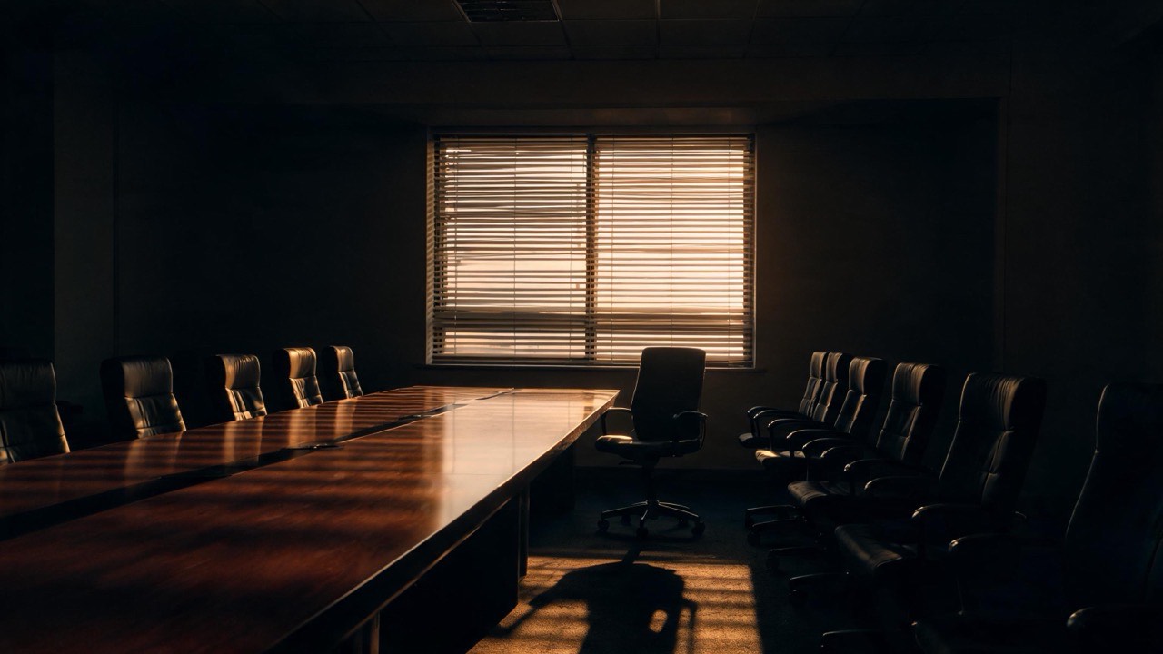 An empty conference room at dusk, light through the blinds